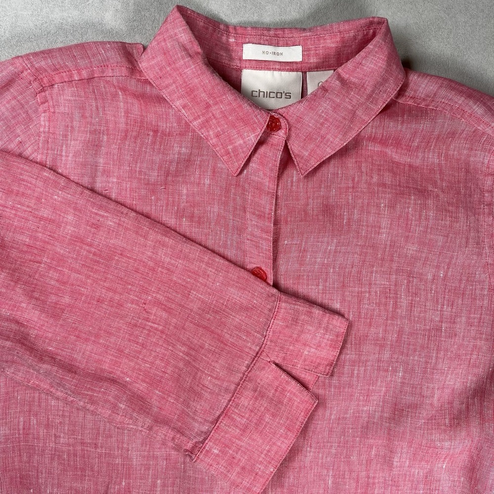 Chico's Women's Pink 100% Linen No Iron Button Up Collared Shirt Sz S (Chico 0) - Picture 3 of 8
